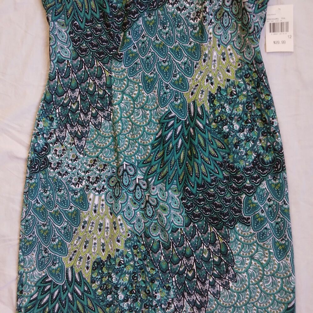 NWT Connected Apparel Sheath Dress Teal Peacock Feather Paisley Print Women's 12 - Picture 4 of 10